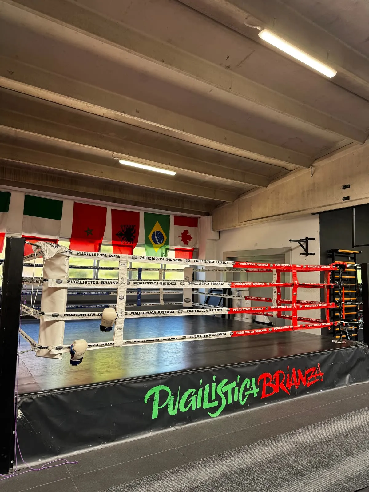 Ring da boxe della Pugilistica Brianza di Barlassina con bandiera laterale e bandiere internazionali